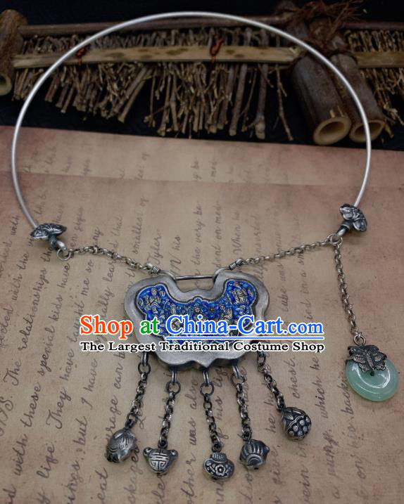 Handmade Chinese Blueing Longevity Lock Necklace Accessories National Silver Necklet Pendant