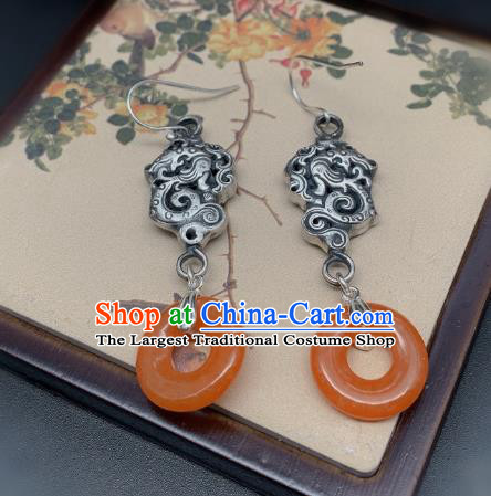 China Traditional Agate Peace Buckle Ear Accessories National Cheongsam Silver Dragon Earrings Jewelry