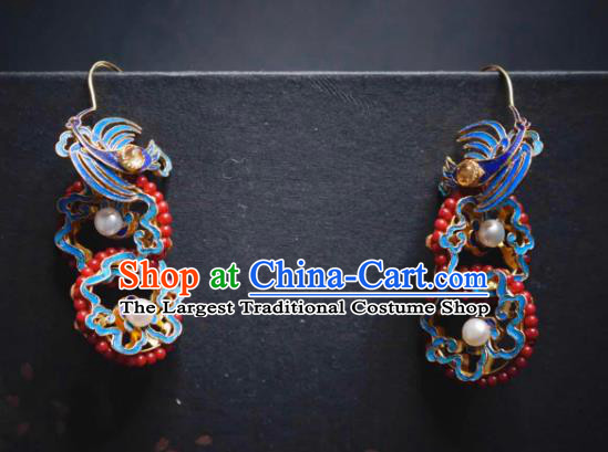 Handmade Chinese Cheongsam Coral Beads Ear Accessories Traditional Culture Jewelry Blueing Crane Earrings