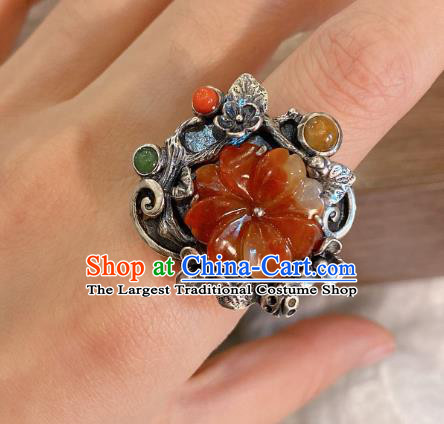 Chinese Handmade National Agate Circlet Wedding Jewelry Silver Plum Blossom Finger Ring