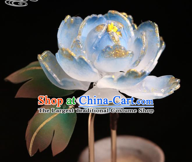 China Hanfu Blue Peony Hair Stick Classical Hair Accessories Traditional Ming Dynasty Princess Hairpin