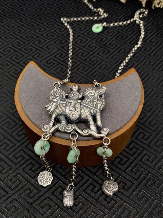 Handmade Chinese Necklace Accessories National Jadeite Necklet Pendant Silver Longevity Lock