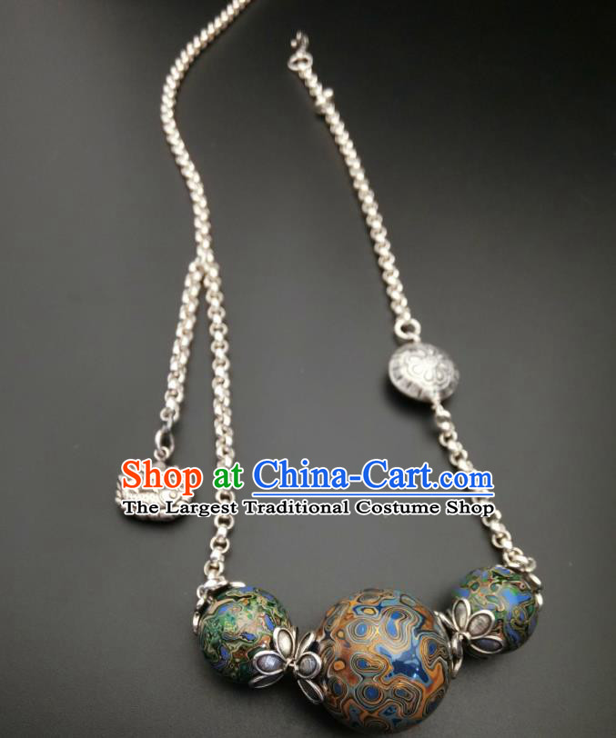 Handmade Chinese National Silver Necklace Traditional Lacquerware Necklet Accessories