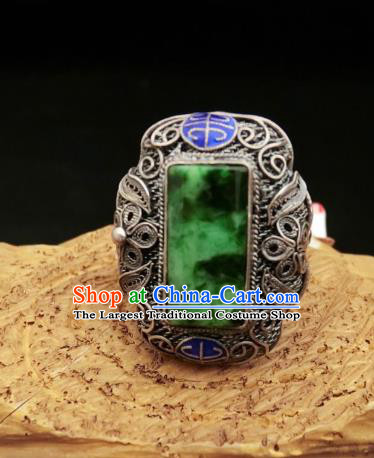 Chinese Handmade Blueing Silver Ring National Jewelry Jadeite Circlet