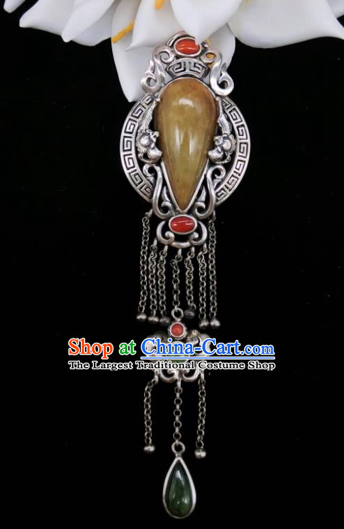 Handmade Chinese National Jadeite Necklace Pendant Traditional Silver Tassel Necklet Accessories