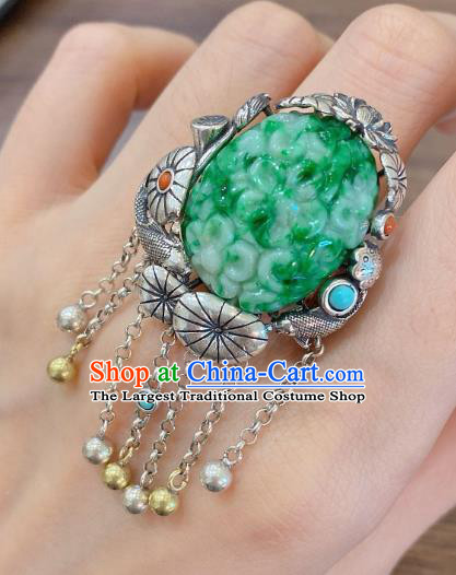 Chinese National Jewelry Jadeite Carving Plum Circlet Handmade Silver Tassel Finger Ring