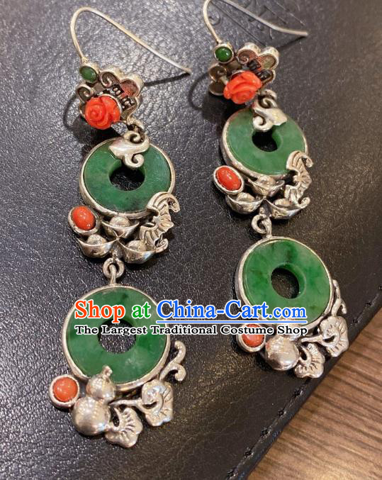 China Classical Agate Rose Earrings Traditional Handmade Jadeite Peace Buckle Ear Accessories