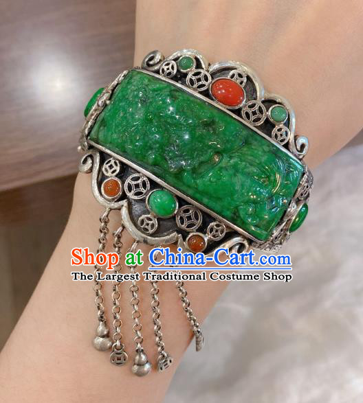 Handmade Chinese Traditional Silver Tassel Bangle Accessories National Jadeite Bracelet