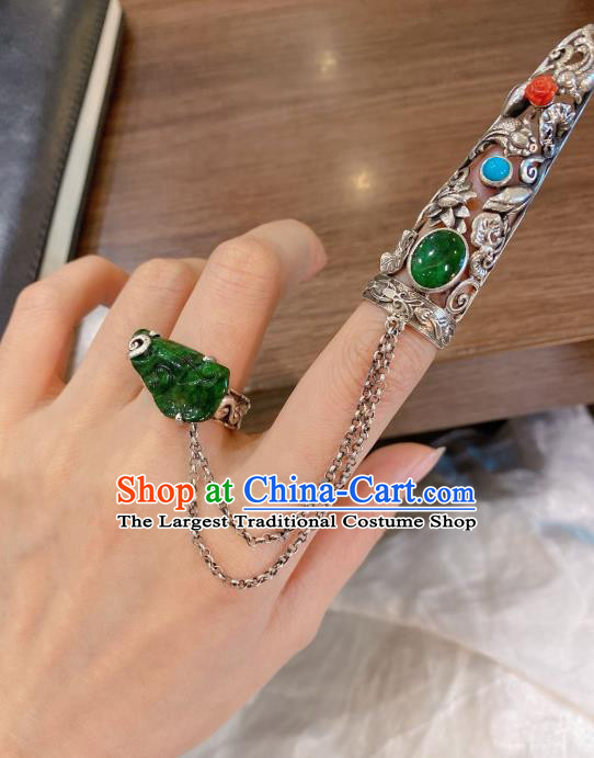 Chinese Handmade National Silver Circlet Finger Jewelry Jadeite Ring with Nail Wrap