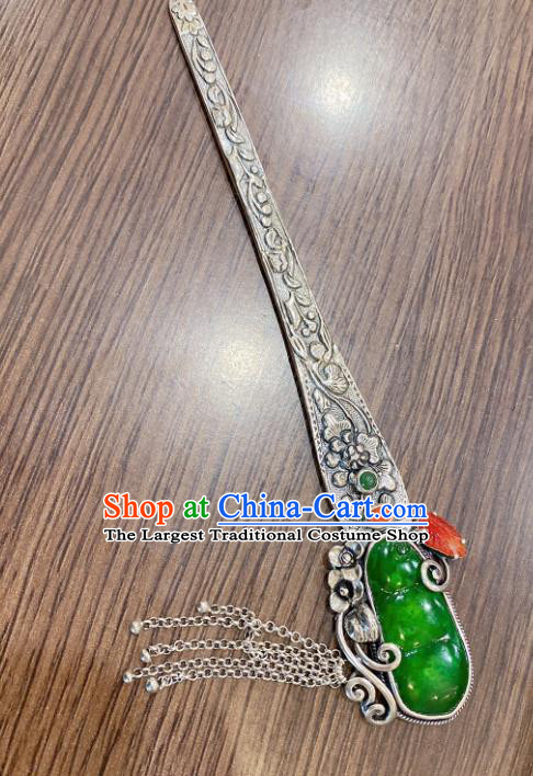 China Classical Silver Hair Stick Traditional Handmade Hairpin Jadeite Hair Accessories