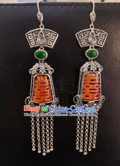 China Classical Silver Tassel Earrings Traditional Handmade Wedding Agate Ear Accessories