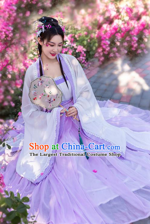 China Traditional Ming Dynasty Young Lady Historical Clothing Ancient Goddess Lilac Hanfu Dress for Women