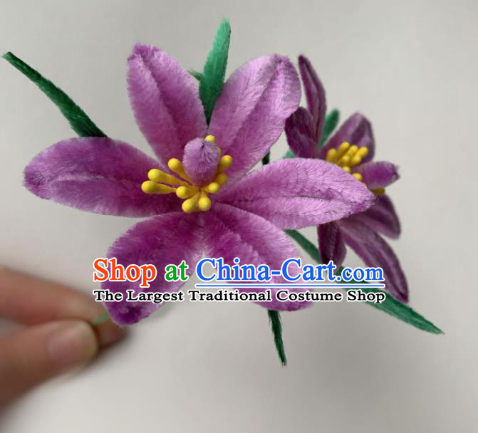 China Classical Violet Velvet Flowers Hairpin Ancient Traditional Qing Dynasty Court Woman Hair Stick