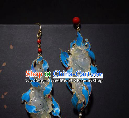 Chinese Ancient Qing Dynasty Blueing Ear Accessories Traditional Culture Jewelry Jade Earrings