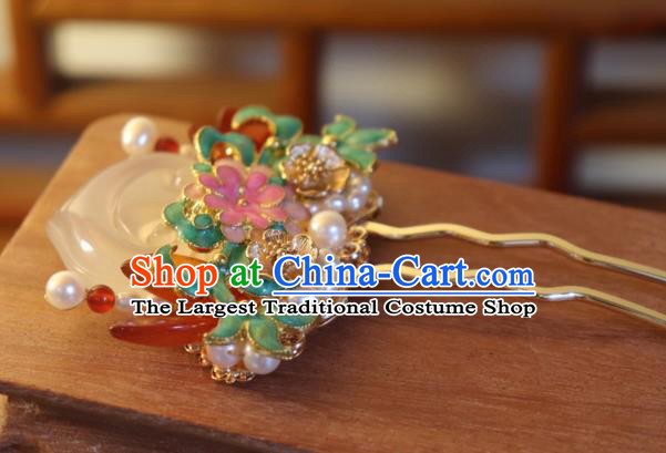 China Classical Pearls Enamel Hair Stick Traditional Qing Dynasty Jade Peach Hairpin