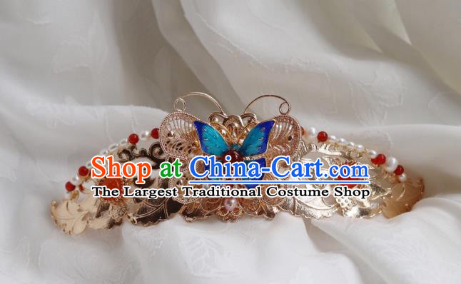 China Classical Blueing Butterfly Hair Crown Traditional Ming Dynasty Princess Hairpin