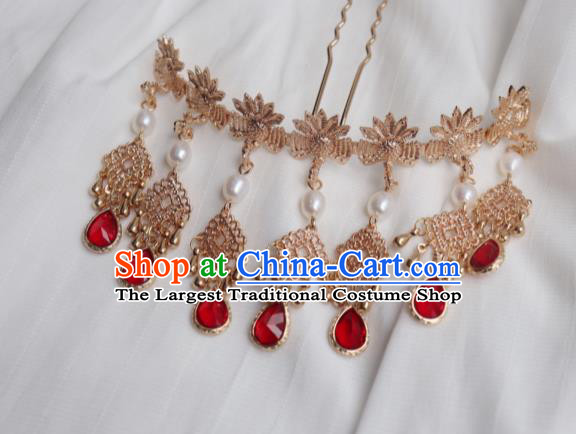 China Traditional Ming Dynasty Golden Phoenix Hair Stick Ancient Princess Red Crystal Hairpin