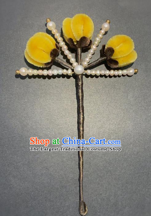 China Traditional Qing Dynasty Yellow Velvet Plum Hair Stick Classical Pearls Hairpin