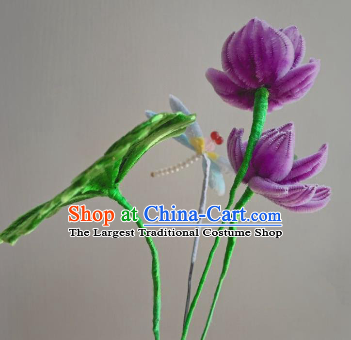 Traditional China Qing Dynasty Empress Hair Stick Classical Purple Velvet Lotus Hairpin