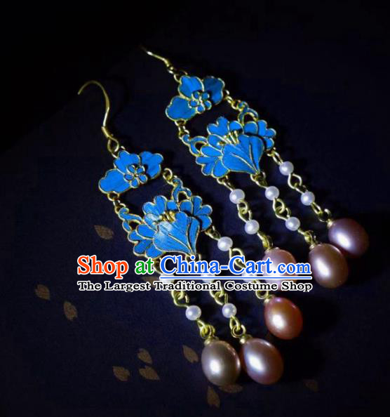 Chinese Ancient Qing Dynasty Court Ear Accessories Traditional Culture Jewelry Pearls Tassel Earrings