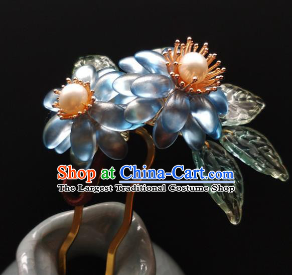 China Ancient Princess Blue Chrysanthemum Hairpin Traditional Ming Dynasty Pearls Hair Clip