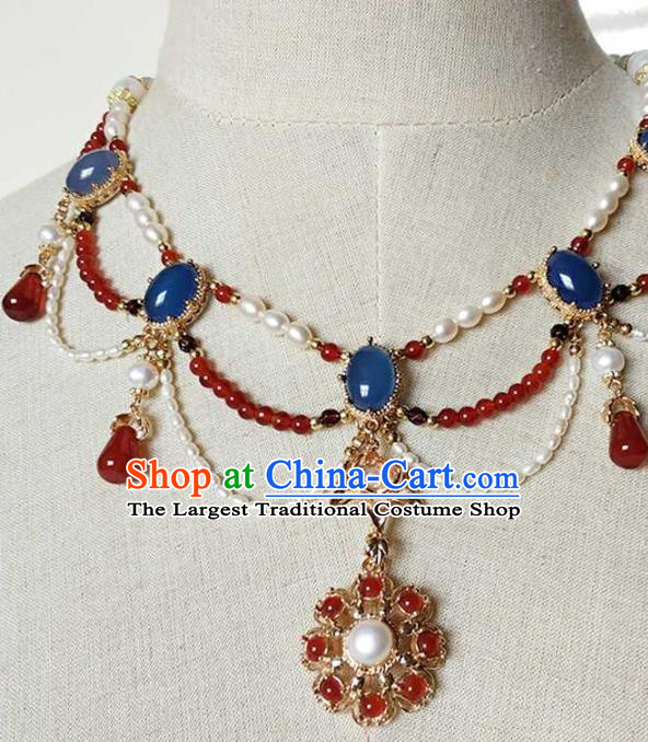 Chinese Traditional Hanfu Agate Necklace Accessories Classical Ming Dynasty Princess Pearls Necklet