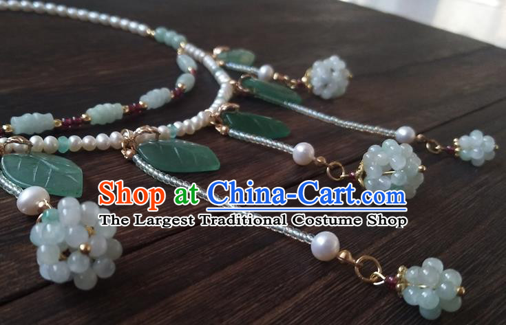 Chinese Classical Hanfu Pearls Necklace Traditional Ming Dynasty Princess Green Beads Tassel Necklet