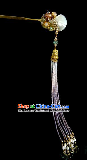 China Ancient Royal Princess Shell Hairpin Traditional Ming Dynasty Purple Beads Tassel Hair Stick