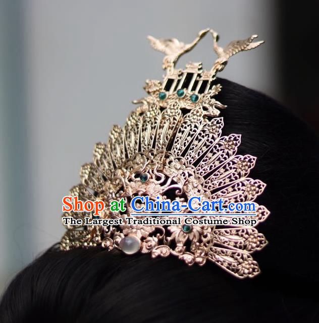 China Ancient Princess Hair Comb Traditional Ming Dynasty Golden Crane Hair Crown