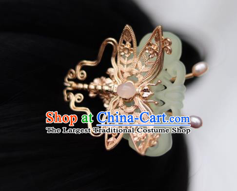 China Ancient Princess Jade Hairpin Traditional Ming Dynasty Golden Dragonfly Hair Stick