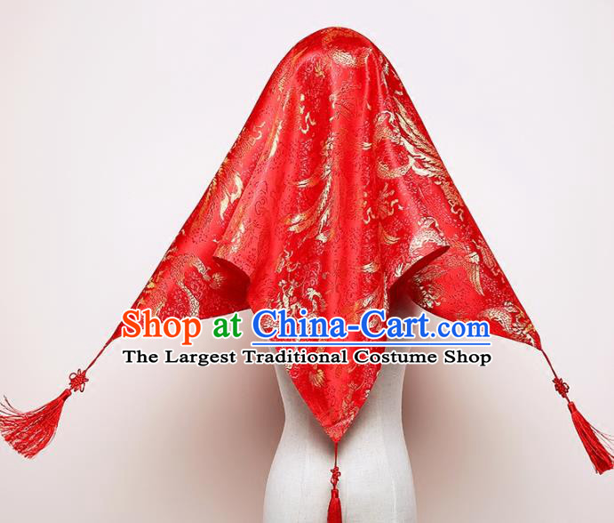 Chinese Classical Dragon Phoenix Pattern Headdress Traditional Bridal Veil Wedding Red Brocade Kerchief