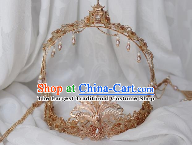 China Ancient Empress Golden Phoenix Coronet Traditional Ming Dynasty Pearls Tassel Hair Crown