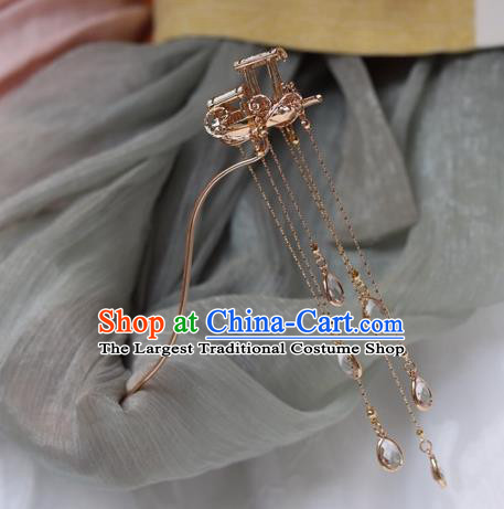 China Ancient Palace Lady Golden Boat Hairpin Traditional Ming Dynasty Crystal Tassel Hair Stick