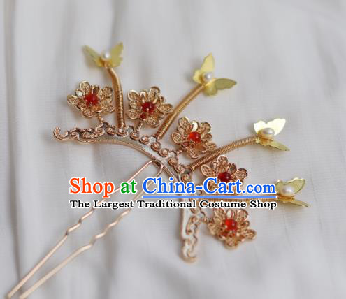 China Ancient Princess Golden Plum Hairpin Traditional Ming Dynasty Butterfly Hair Stick