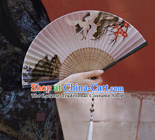 Chinese Traditional Silk Fan Bamboo Accordion Printing Crane Plum Folding Fan