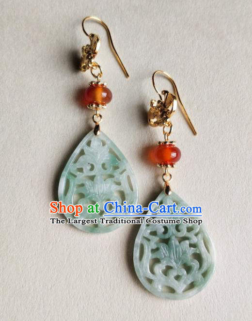 Chinese Traditional Jade Carving Lotus Ear Accessories Handmade Classical Cheongsam Earrings