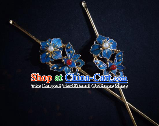 Chinese Qing Dynasty Pearl Hairpin Traditional Hair Jewelry Ancient Empress Blueing Butterfly Hair Stick