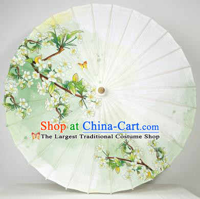China Handmade Light Green Umbrella Traditional Painting Pear Blossom Oil Paper Umbrella
