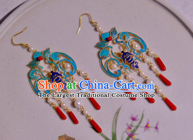 Chinese Ancient Qing Dynasty Court Blueing Ear Accessories Traditional Culture Jewelry Agate Tassel Earrings