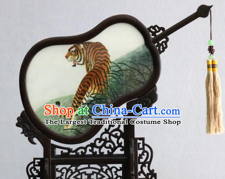 Chinese Handmade Embroidery Silk Craft Traditional Double Side Embroidered Tiger Table Screen Rosewood Desk Decoration