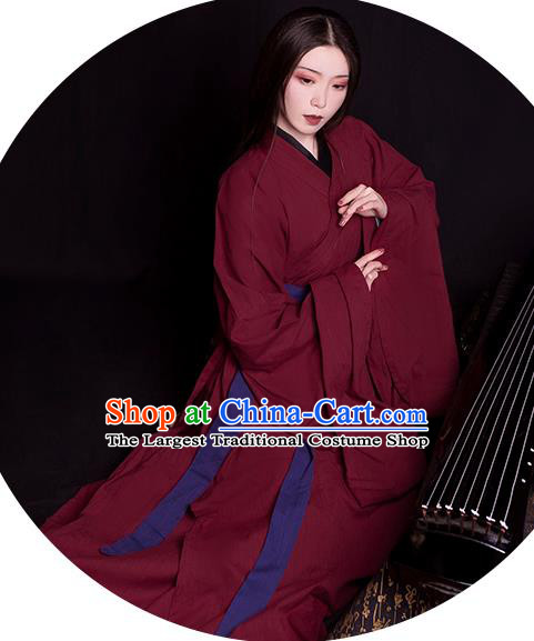 China Traditional Jin Dynasty Palace Lady Historical Clothing Ancient Young Beauty Wine Red Hanfu Robe