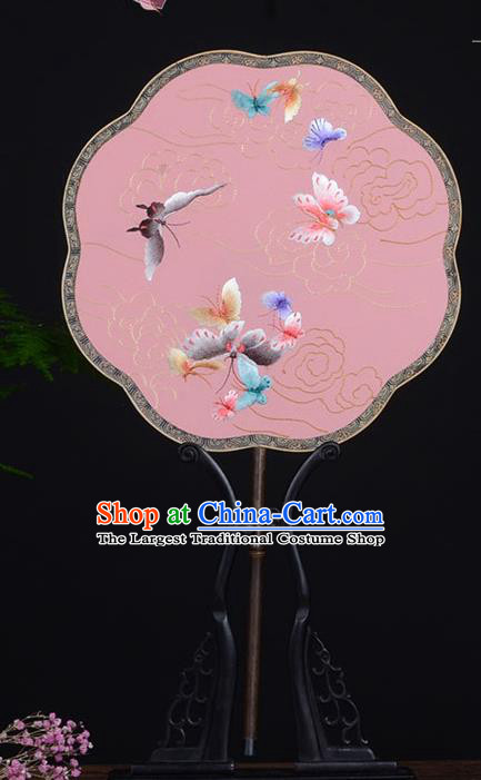 Chinese Handmade Pink Silk Fan Traditional Dance Palace Fan Embroidered Butterfly Fan