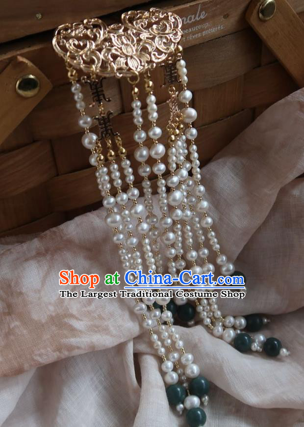 China Handmade Hanfu Pearls Tassel Hairpin Traditional Ancient Ming Dynasty Golden Lotus Hair Stick