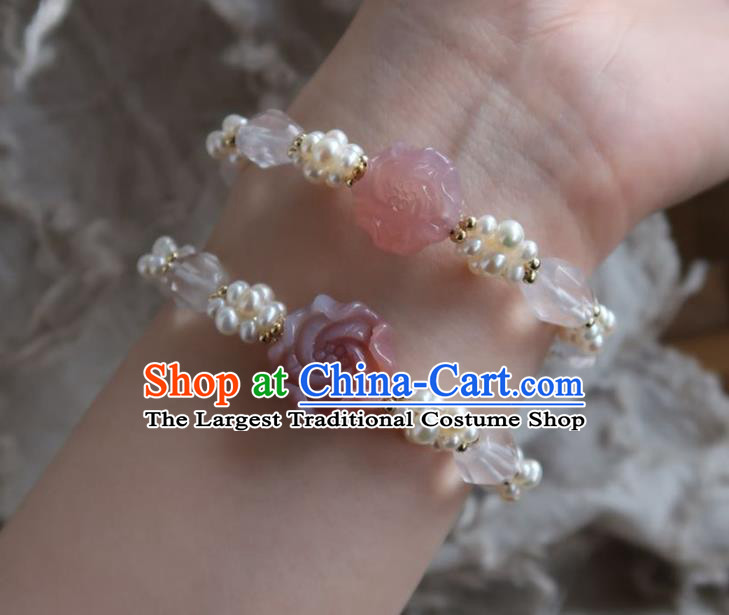 Handmade Chinese Pearls Bangle Carving Peony Wristlet Accessories Traditional Hanfu Bracelet