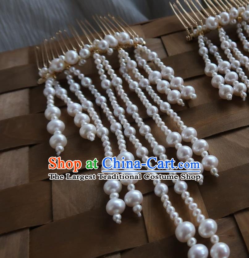 China Handmade Hanfu Hairpin Traditional Ancient Ming Dynasty Pearls Tassel Hair Comb