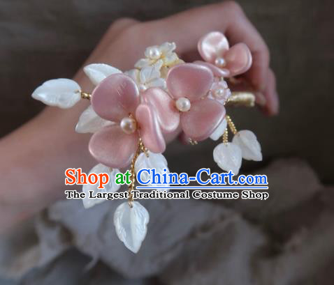 China Handmade Hanfu Shell Leaf Hairpin Traditional Ancient Ming Dynasty Princess Pink Plum Tassel Hair Stick