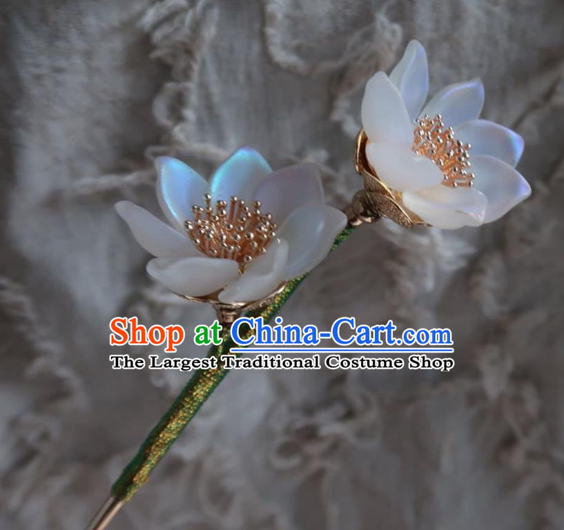 China Handmade Hanfu White Lotus Hairpin Traditional Ancient Princess Hair Stick Headwear