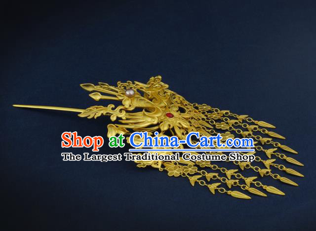 China Traditional Ancient Queen Golden Phoenix Tassel Hair Stick Handmade Ming Dynasty Empress Hairpin