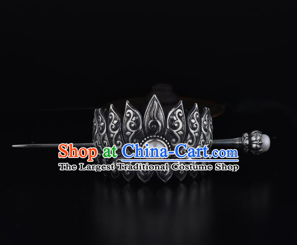 China Ancient Swordsman Pearl Hairpin Handmade Traditional Ming Dynasty Prince Argent Lotus Hair Crown