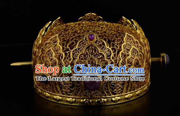 China Ancient Queen Golden Hairpin Handmade Traditional Ming Dynasty Empress Gems Hair Crown